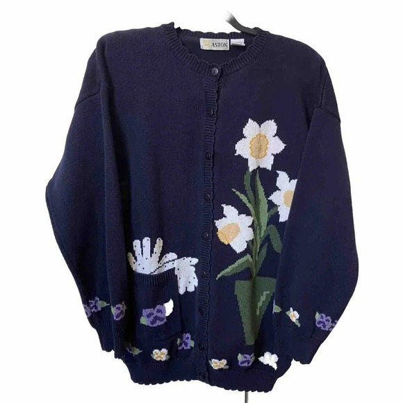Vintage Aston Cardigan Womens XL Daffodil Gardener Granny Blue Knit Sweater - Picture 1 of 6